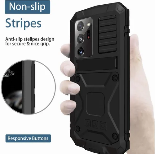 Vista 2 de Simicoo Funda de metal compatible con Samsung Note 20 Ultra con protector de pantalla militar, resistente a prueba de golpes, con soporte para Negro