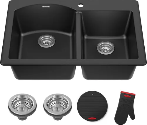 Vista 17 de Kraus Forteza - Fregadero de cocina de doble seno 50/50 de granito de instalación empotrada/sobre encimera, 33 pulgadas, color negro (KGD-52BLACK)