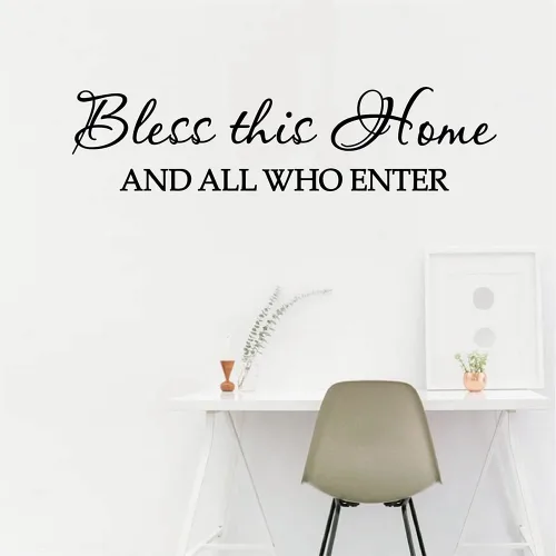 Vista 2 de Bless This Home - Vinilo decorativo para pared, con texto en inglés "Bless This Home and All Who Inter", con citas y refranes religiosos, decoración