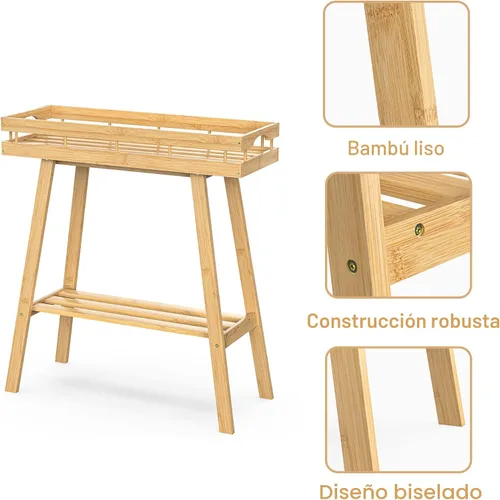 Vista 5 de BAMBANG Soporte de bambú para plantas de interior, mesa pequeña de 2 niveles, soporte alto para plantas de interior, estante para plantas