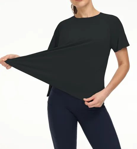 Vista 3 de THE GYM PEOPLE Camisetas de entrenamiento de manga corta para mujer, camisetas de yoga transpirables con aberturas laterales