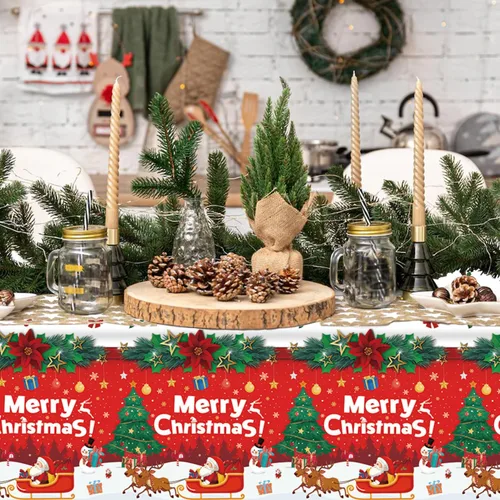 Vista 6 de Paquete de 4 manteles de Navidad para fiesta de Navidad, decoración de fiesta de Navidad, cubierta de mesa de Navidad con árbol de Navidad y copo