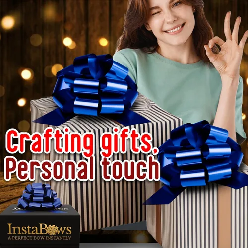 Vista 4 de Lazo de regalo grande azul de 12 pulgadas, lazo metálico con cuerda de tirar perfecto para envolver regalos, grandes presentes, autos, bicicletas