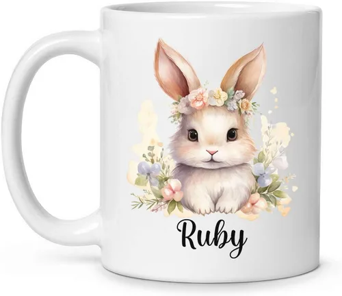 Vista 19 de Taza de viaje de cerámica personalizada de conejo, taza con nombre personalizado para los amantes de los conejos, taza de té con nombre temático