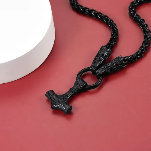 Vista 8 de FaithHeart Collar punk nórdico vikingo para hombre collar grueso acero inoxidable Mjolnirnudo celta cabeza de lobo colgante de amuleto joyería