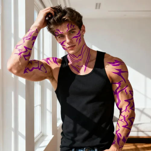 Vista 7 de 12 tatuajes temporales morados que brillan en la oscuridad, tatuajes falsos de baile para cosplay, Halloween, festival de música, maquillaje