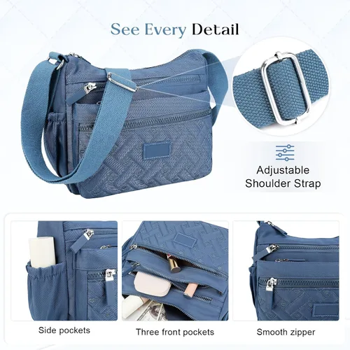 Vista 6 de Bolso cruzado para mujer, multibolsillo, de nailon, impermeable, ligero, casual, bolso de hombro