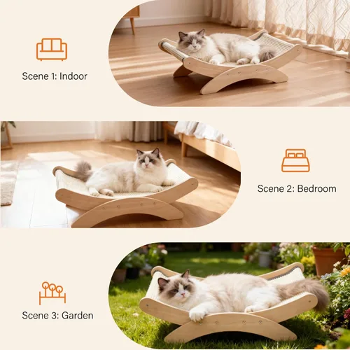 Vista 7 de Cama rascador de sisal extra grande para gatos de interior, poste rascador natural de 25 pulgadas para gatos con hamaca resistente marco de madera