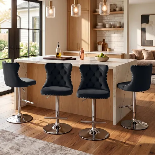 Vista 170 de SoarFlash Juego de 2 taburetes de bar tapizados de terciopelo moderno con patas de madera, botones acolchados, cabeza de clavo cromada, asiento