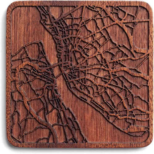 Vista 110 de Posavasos Amsterdam Map by O3 Design Studio, 1 pieza, posavasos de madera Sapele con mapa de la ciudad, hecho a mano, varias ciudades opcionales