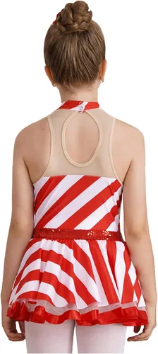 Vista 4 de Disfraz de Navidad para niñas y niñas, disfraz de señora Santa para cosplay, bastón de caramelo, a rayas, tutú, leotardo, vestido de princesa