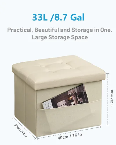 Vista 3 de AmasSmile Otomán de Almacenamiento Plegable Reposapiés con Bolsillo Lateral, Banco Reposapiés de Cuero de 16 pulgadas, Banco Otomán Corto