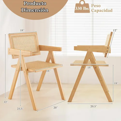 Vista 3 de Giantex Juego de 2 sillas de comedor de caña bohemia, carga máxima de 330 libras, sillas de comedor de madera, sillón de bambú para sala de estar