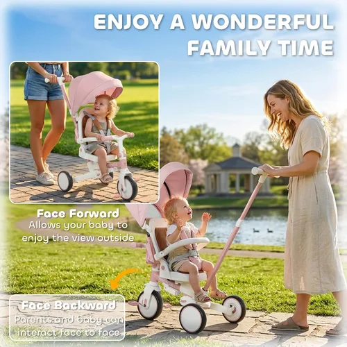 Vista 4 de Qaba 7 en 1 triciclo cochecito plegable bicicleta para niños pequeños 1-5 Rosa