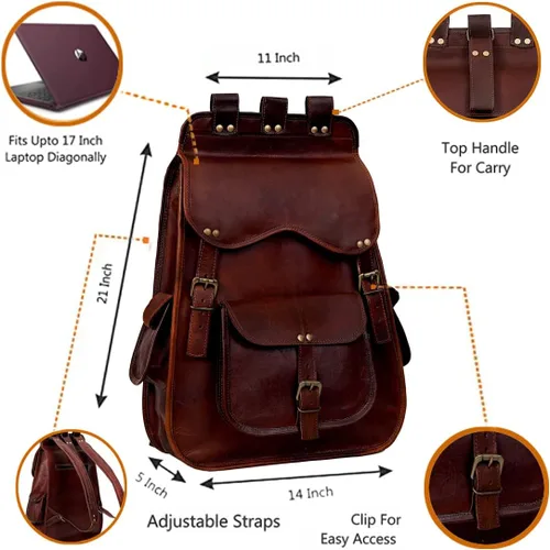 Vista 9 de cuero Mochila de cuero para computadora portátil para hombres y mujeres mejor mochila vintage mochila de viaje multi bolsillo mochila, Marrón, Glb 27