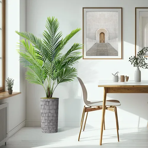 Vista 6 de Árbol artificial en maceta moderna con patrón triangular, palmera tropical areca artificial de seda para decoración del hogar en interiores