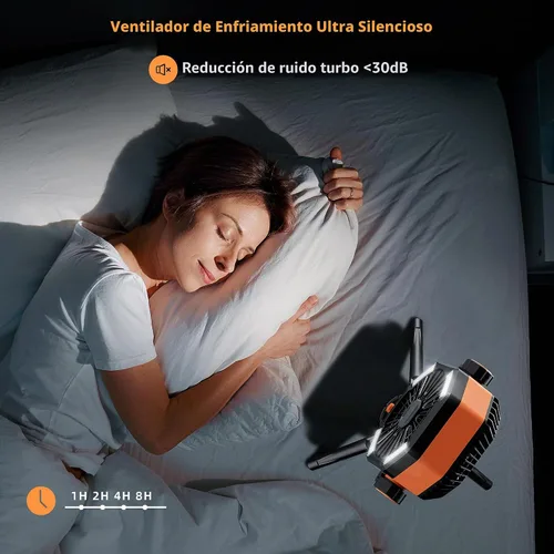 Vista 7 de MORIKO Trípode de ventiladores de mesa, 20000 mAh, recargable, funciona con pilas, ventilador portátil para tienda de campaña con linterna LED