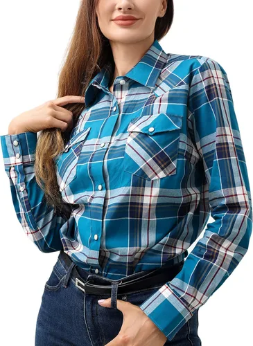 Vista 26 de PASHARTUK Camisas occidentales para mujer, camisas de manga larga de algodón para mujer con botones a presión, camisas a cuadros para mujer Beige