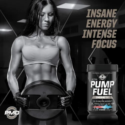 Vista 4 de PMD Sports Ultra Pump Fuel Insanity - Pre entrenamiento - Cherry Bombsicle (30 porciones) Sports CG5 Premium Creatina y L-Glutamina en polvo