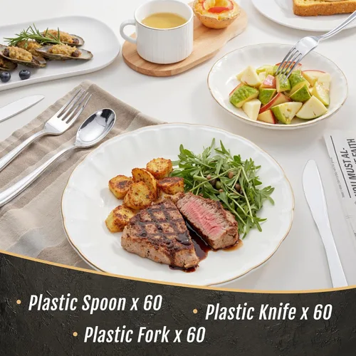 Vista 8 de WDF 180 cubiertos de plástico plateado – cubiertos de plástico plateado – cubiertos de plástico elegante resistente – 60 tenedores, 60 cuchillos, 60