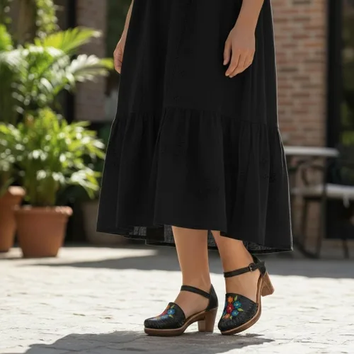 Vista 8 de Zapatos Mexicanos de Piel con Flores Bordadas, con Tacones para Mujer - Modelo 102BL
