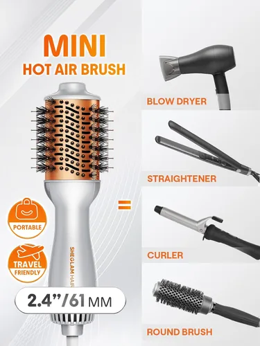 Vista 2 de SHEGLAM Mini cepillo secador de pelo, cepillo de aire caliente de viaje de doble voltaje de 120 V-240 V, cepillo secador de pelo de 35000 RPM con 2