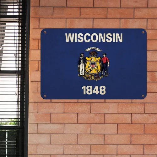 Vista 3 de Letrero de metal de Wisconsin, bandera del estado de Wisconsin, letrero de metal para hogar, estado, país, ciudad, recuerdo, arte de pared, póster