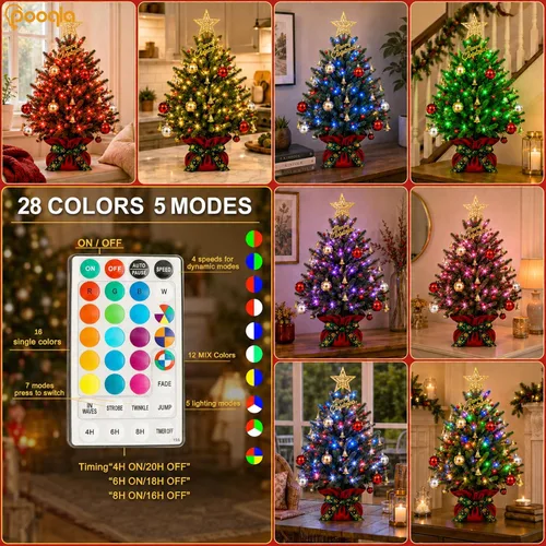 Vista 2 de Pooqla Mini árbol de Navidad iluminado RGB, árbol de Navidad LED de mesa que cambia de color con control remoto, 28 colores, 80 luces LED, árbol