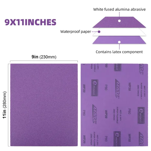 Vista 2 de Papel de lija de grano 80, 20 unidades, hojas de lija en seco y húmedo de 9 x 11 pulgadas, papel de arena abrasivo de alúmina púrpura para madera