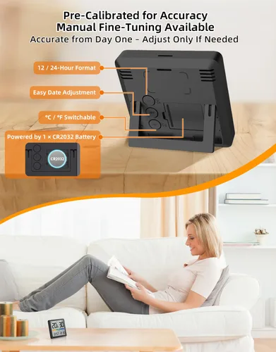 Vista 7 de NOKLEAD Termómetro higrómetro para interiores, mini monitor digital de temperatura y humedad de escritorio con indicador de comodidad y reloj
