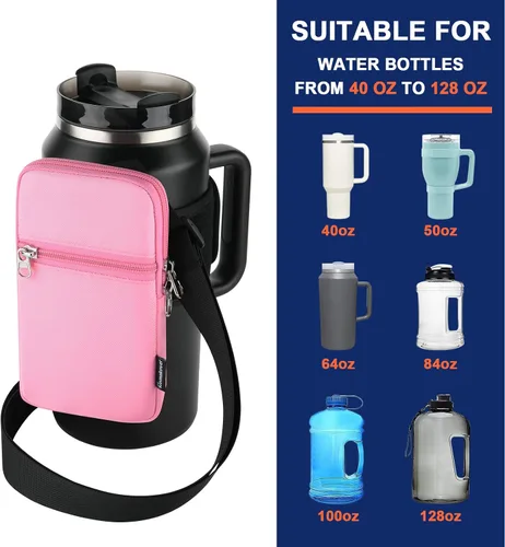 Vista 3 de Bolsa para botella de agua de gimnasio para vaso Stanley con asa, funda universal para botella de agua con correa y bolsillo, se adapta a una