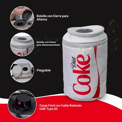 Vista 7 de Bolsa enfriadora con forma de lata de Coca Cola con altavoz Bluetooth, tiempo de reproducción de 5 horas, correas ajustables, cremalleras, tela