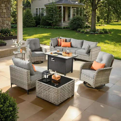 Vista 28 de ovios Muebles de patio de 8 piezas con hoguera, juego de conversación de mimbre de ratán para exteriores con mesa de centro brillante, cómodo sofá