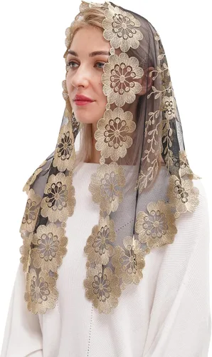 Vista 5 de Mantilla triangular de encaje para cubrir la cabeza de masas latinas velo de encaje grande