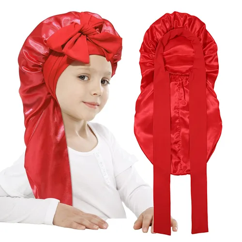 Vista 8 de AWAYTR Gorro de satén para niñas con trenzas de pelo largo para dormir Negro