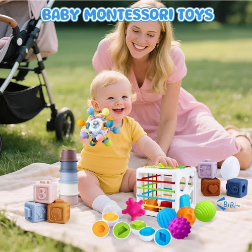 Vista 9 de Juguetes 6 en 1 para bebés de 6 a 12 meses, juguete Montessori para niños de 1 año, juguete de dentición para bebés, apilar tazas, cubo sensorial