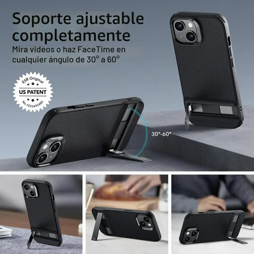 Vista 3 de ESR Funda para iPhone 15 Plus, Funda con Soporte Metálico, 3 Modos de Soporte, Protección contra Caídas de Grado Militar, Compatible con Carga Negro