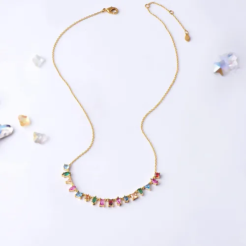 Vista 5 de G&GEMSJEW Women Gold Colorful Gemstone Necklace Multicolor CZ Rainbow Chain Choker for Girls 14K Gold Plated Multi Gems Necklace