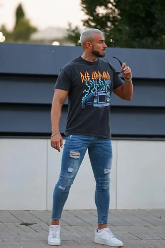 Vista 2 de Gingtto jeans entallados elásticos para hombre, de corte ajustado, rasgados, gastados