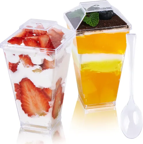 Vista 9 de JOLLY CHEF Paquete de 100 mini tazas de postre de 2 onzas con cucharas y tapas, taza cuadrada alta de plástico transparente para aperitivos