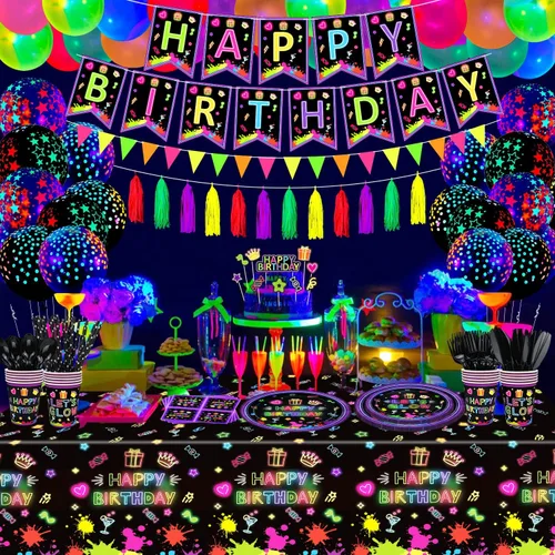 Vista 4 de Paquete de 247 suministros de fiesta de neón que brillan en la oscuridad, decoraciones de fiesta con luz negra, platos, pancartas de luz negra