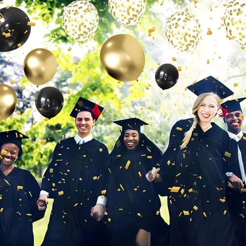 Vista 5 de Globos de confeti negro y dorado, paquete de 50 globos de látex metálicos y negros dorados para cumpleaños, graduación, aniversario, decoración