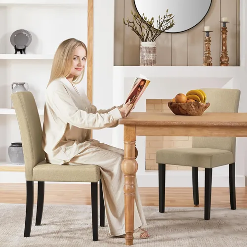 Vista 2 de Yaheetech Juego de 2 Sillas de Comedor de Tela Tapizada Parson Sillas de Cocina con Asiento Acolchado y Patas de Madera Maciza para Caqui