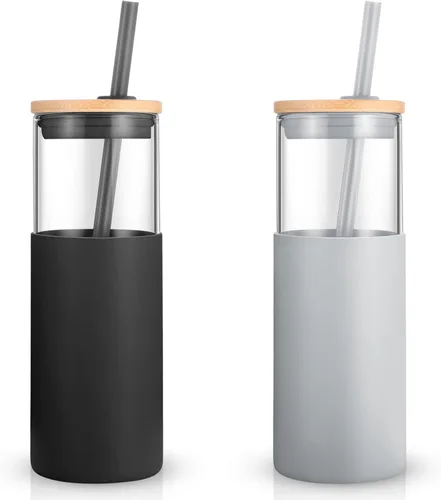 Vista 44 de Tronco Vaso de vidrio de 28 onzas con tapas y pajilla, taza reutilizable para café helado y vaso para batidos con tapa de bambú, funda de silicona