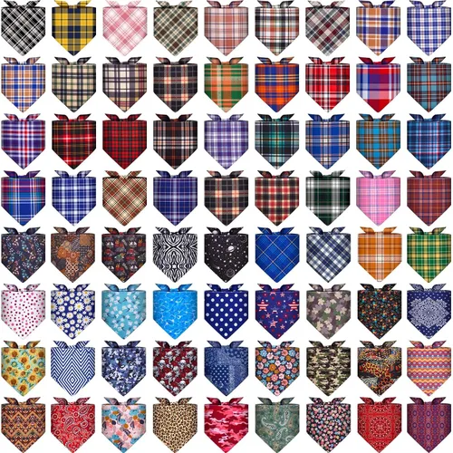 Vista 8 de Paquete de 72 bandanas para perros a granel de búfalo a cuadros para gato, bufanda de verano, bufanda triangular, baberos para baba de fruta