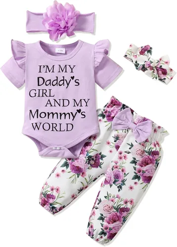 Vista 9 de SUNNY PIGGY Ropa para bebé recién nacida, 4 piezas, lindos trajes de otoño Rosa (Bow Pink)