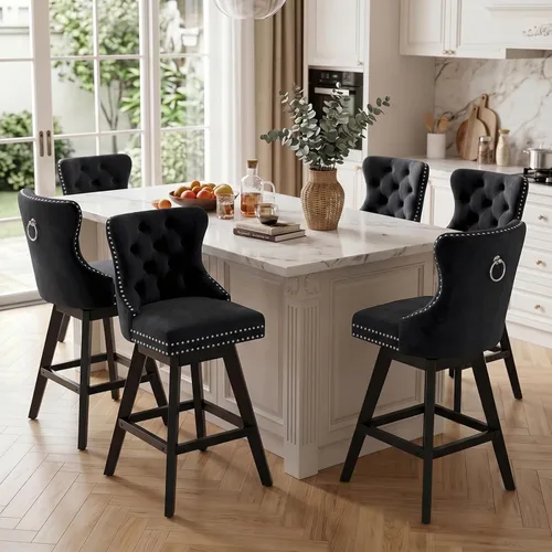 Vista 172 de SoarFlash Juego de 2 taburetes de bar tapizados de terciopelo moderno con patas de madera, botones acolchados, cabeza de clavo cromada, asiento
