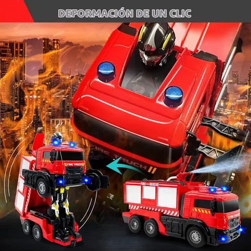 Vista 2 de Grarain Camión de bomberos a control remoto con sonidos LED, juguete de automóvil a control remoto con 3 camiones de bomberos pequeños y 10 modelos