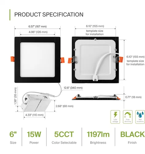 Vista 2 de ASD Paquete de 6 luces LED empotrables cuadradas de 6 pulgadas, 5 CCT 2700K-5000K CRI90+, 15 W 60 W Eqv, luces de techo ultra finas y regulables