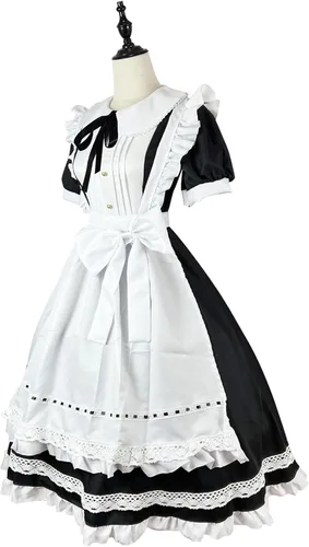 Vista 3 de Disfraz de sirvienta para adultos, talla grande, vestido largo de manga corta, vestido de sirvienta, vestido de cosplay, vestido de moda, lindo